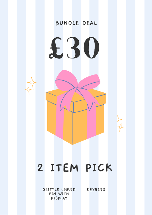 Two item bundle - Glitter liquid pin with display banner & keyring