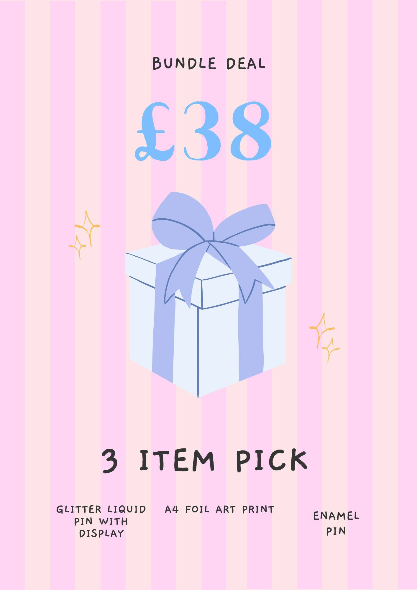 Three item bundle - Glitter liquid pin, A4 art print & enamel pin